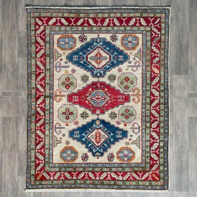 198 x 154cm Vintage Handmade Afghan Carpet Kazak Beige Blue Oriental Wool Rug - Image 1 of 4