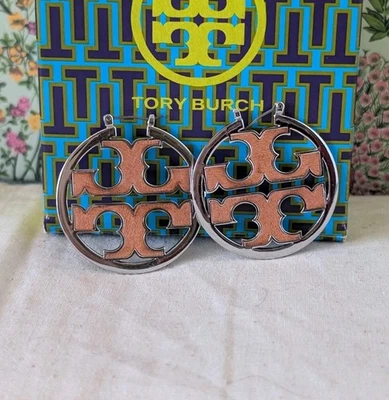Tory Burch Women Earrings Mirror Leather In Hoop Limited Edition VHTF Rare Sophi - Image 1 of 4