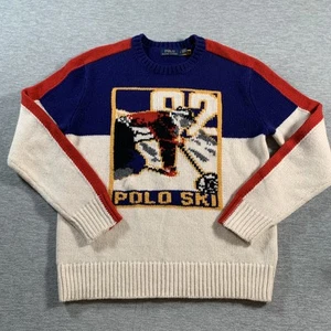 Polo Ralph Lauren Sweater Mens Medium Blue Cream Red Polo Ski 92 Wool Blend Knit - Picture 1 of 10