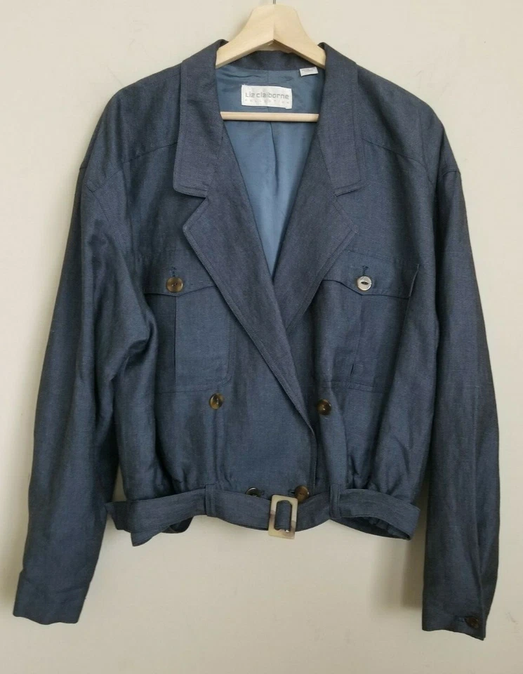 Chaqueta Colección Liz Claiborne Azul Pizarra Cuello Botones Cinturón Forrado Talla 14 Foto 1 de 4