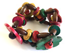 Stretch Bracelet With Vibrant Colored Wooden Beads And Leather Flowers