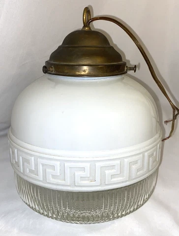 Vintage Glass White/Clear Art Deco Greek Key Light Fixture Shade Globe Round Cover