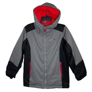 Swiss Tech Coat Jacket Size 10/12 Girls Grey Black Red with Hood and Zip Pockets - Picture 1 of 9