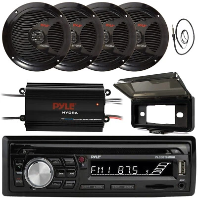 Pyle Marine Boat CD MP3 AUX Stereo Radio, 4X Speakers + 4CH Amplifier /Cover