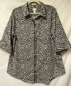 Chico's No Iron Cotton Leopard Tiger Mix Top Button Up Shirt 3/4 Flip Cuff-3-XL - Picture 1 of 10