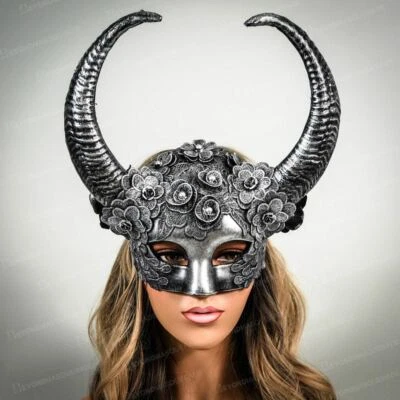 Silver Ram Antlers with Flowers Headband Cosplay Horns Headdress Halloween Costu - Image 1 of 4