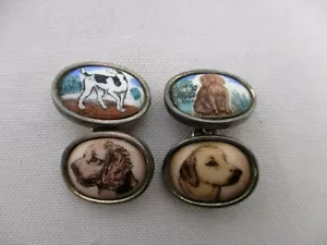 STERLING SILVER PORCELAIN CHAIN CUFFLINKS w HAND PAINTED DOGS ~ ANTIQUE - Picture 1 of 8