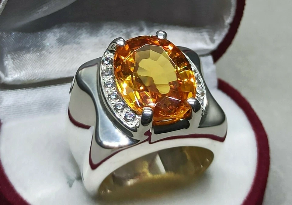 Oval Cut 14 Carat Deep Yellow Citrine Sterling Silver 925 Handmade Mens Ring - Image 1 of 4