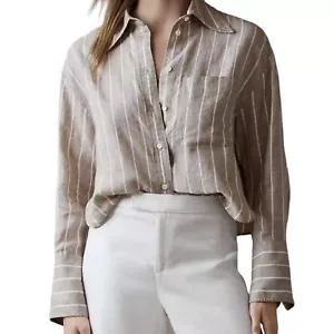 Banana Republic $65 Boxy Long Sleeve Cropped Linen Tan & White Striped Shirt, XS - Picture 1 of 11