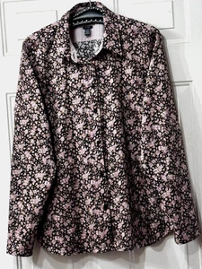 Blusa Chaps Sin Planchar Talla XL Abotonada Manga Larga Negra/Multi Floral - Imagen 1 de 11