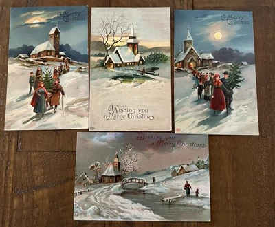 Lot of 4 Antique Christmas EAS Postcards with Church Scenes~People~Vintage~k831 - Image 1 of 2
