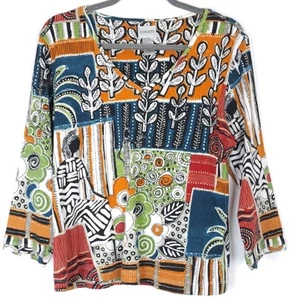 Chicos Printed Top Woman 2 Large Colorful Floral Geometric 100% Cotton Pullover - Picture 1 of 8
