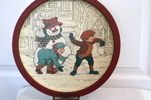Vintage Metal Tin Christmas Tray Wangs Intl 1989 Building a Snowman & Snowballs - Picture 1 of 5