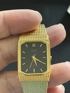 Vintage Citizen Gold‑Tone Textured Band Quartz Dress Watch – Rectangular Dial - Picture 1 of 7