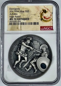 2017 Niue Achilles Demigods 2oz Silver High Relief Antique Silver Coin NGC MS 70 - Picture 1 of 4