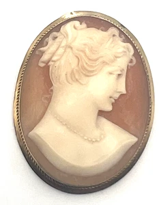 Vintage Shell Carved Lady Oval Cameo 18K 750 Gold Brooch Pendant 1 1/2” 6g - Picture 1 of 14