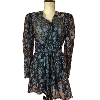 Or-Lee Woman's Size S Sheer Floral Lace Wrap Around Top Belted  Blue Black - Image 1 of 4
