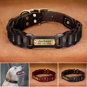 Genuine Leather Braided Dog Collar Personalised Engraved Pet Name Tag Adjustable - Picture 1 of 16