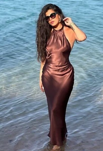 Zara Satin Long Open Back Halter Neck Dress Brown Size S L 3274/548 New - Picture 1 of 24