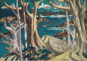 1956 Millard Sheets The Sea Lithograph Monterey Mendocino Trees California MCM - Picture 1 of 14
