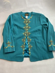BOB MACKIE WEARABLE ART Teal Gold button up Jacket Tunic 60's 70's 80's disco 1X - Picture 1 of 10