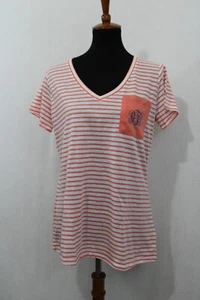 NWOT Columbia PFG Sz L Orange White Stripe Thin Cotton Blend V-Neck Pocket Tee - Picture 1 of 6