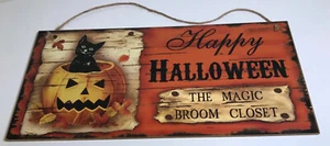 HAPPY HALLOWEEN Black Cat Pumpkin SIGN Wall Door Hanging Hanger Plaque 18 X 8.7” - Picture 1 of 8