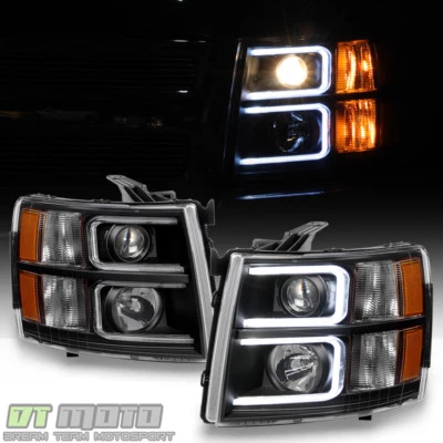 Black 2007-2013 Chevy Silverado OPTIC LED Projector Headlights Left+Right 07-13 - Image 1 of 4