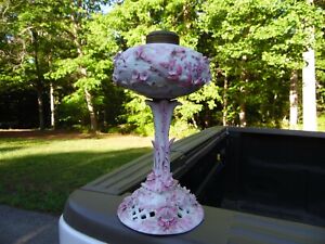 Gorgeous Antique Porcelain # 2 Oil Lamp Stand / Applied Flowers / Pink And White