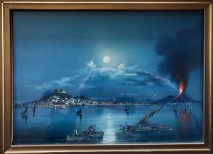 Antique Gouache - Augusto Corelli (Attr.) - Naples & Vesuvius - Frame 15”x19” - Picture 1 of 22