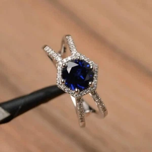 Blue Sapphire Women Ring Lab Created Round Gemstone 925 Sterling Silver Ring - Picture 1 of 5