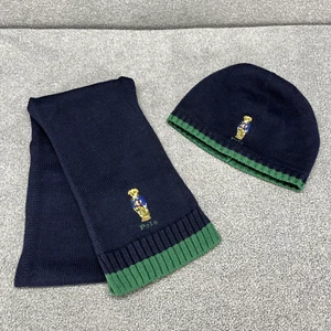Polo Ralph Lauren Hat & Scarf Teddy Bear Navy Blue Green knit Cotton 8-20 Youth - Picture 1 of 15