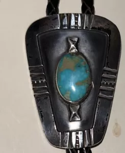 Vintage Navajo Sterling Silver Western American Turquoise Shadow Box Bolo Tie - Picture 1 of 11