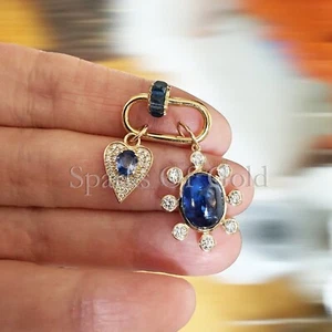 Diamond & Blue Sapphire Carabiner Clasp & Heart Pendants 14K Yellow Gold Jewelry - Picture 1 of 2