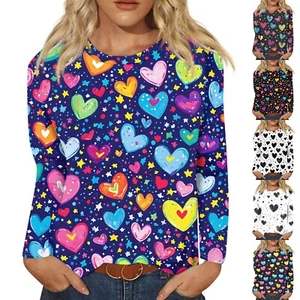 Women's Fashion Casual Crew-neck Long Sleeve T-shirt Valentine's Day Love Print - Picture 1 of 30