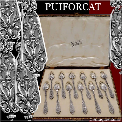 Juego de cucharas de té Puiforcat raras francesas de plata de ley, caja original, renacentista Foto 1 de 4