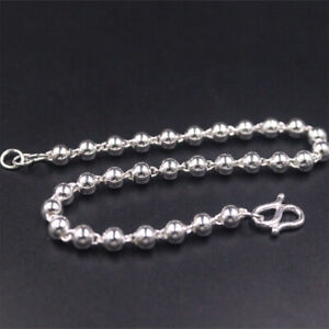 Pure S999 Fine Silver 999 Chain Men Women 4mm Beads Link Bracelet 7.5inch