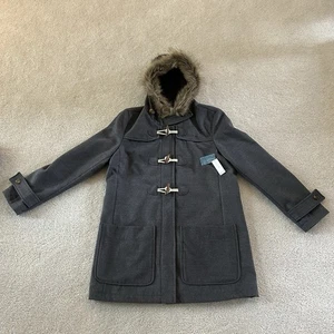 Old Navy Jacket Womens L Grey Wool Blend Toggle Button Faux Fur Hooded Coat NEW - Picture 1 of 24