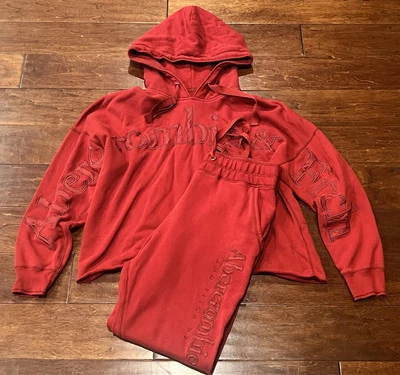 Abercrombie Fitch Red Women's XL 2 Piece Cropped Jogger Pants Hoodie Sweatsuit - Image 1 of 4