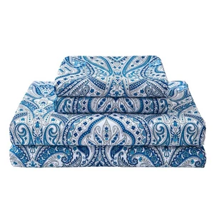 Blue Paisley Printed Bed Sheets King Size, Floral Sheet Set King, Brushed Mic... - Bild 1 von 9
