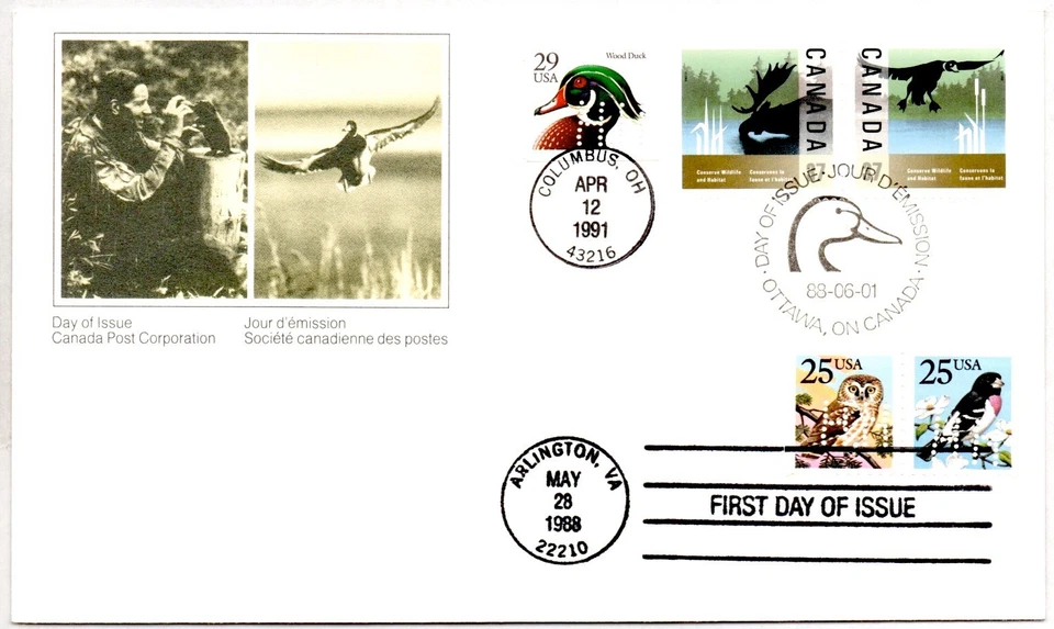 #2484 WOOD DUCK #2285 OWL #2285 GROSBEAK NAKANO PERFINS CANADA COMBO FDC - Image 1 of 1