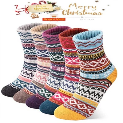 5 Pairs Womens Thick Socks Wool Thermal Warm Knitting Nordic Ladies Socks Winter - Image 1 of 4