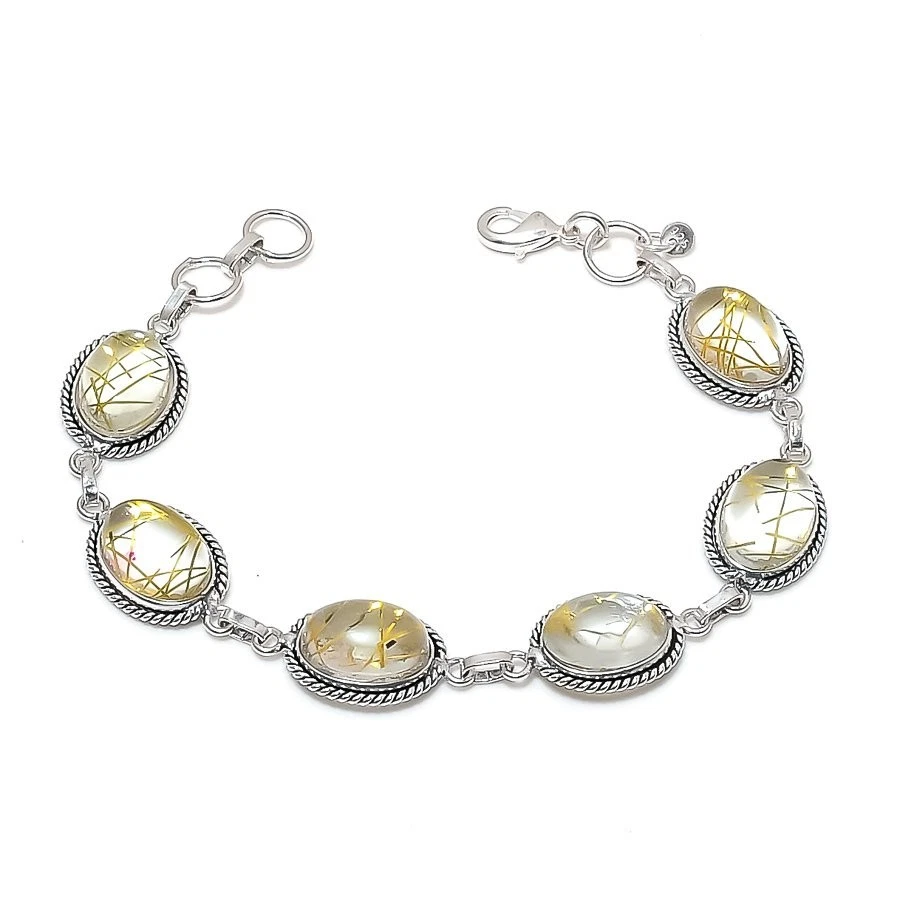 Rutilated Quartz  Handmade 925 Sterling Silver Jewelry Bracelet Size 7-8" - Image 1 of 1
