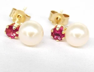 9ct gold pearl ruby stud earrings cultured pearls gift boxed made in UK new - Picture 1 of 9