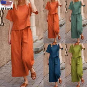 2PCS Womens Cotton Linen Loose Comfy Tracksuit Sets T Shirt Tops Pants Outfit - Picture 1 of 15