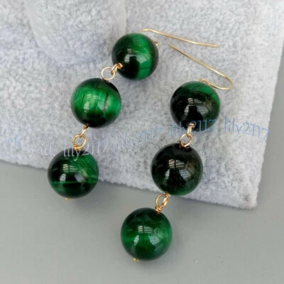 Pendientes de gancho de oro colgantes con cuentas gemas redondas lisas ojo de tigre verde 6/8/10/12 mm Foto 1 de 4