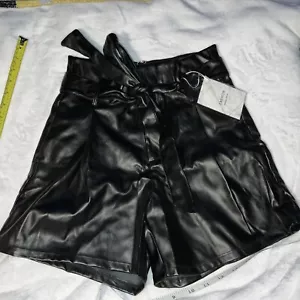 FASHION Women's S Black Faux Leather High Waisted Pocketed Belted Shorts NWT - Picture 1 of 23