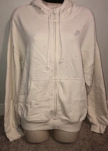 Ivory AllOver Rhinestone Bling Oversize FullZip Hoodie Victorias Secret PINK Med - Picture 1 of 7