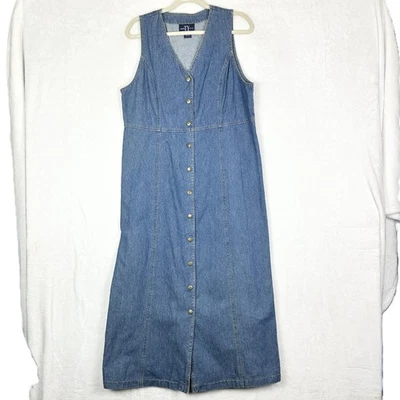 Vintage 90s Denim Midi Shirt Dress Size 12 Snap Front Sleeveless Western Boho  - Image 1 of 4