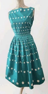 Devonshire Lady Vintage 50s Fit Flare Square Neck Midi Dress 10 12 Green Spotty - Picture 1 of 12